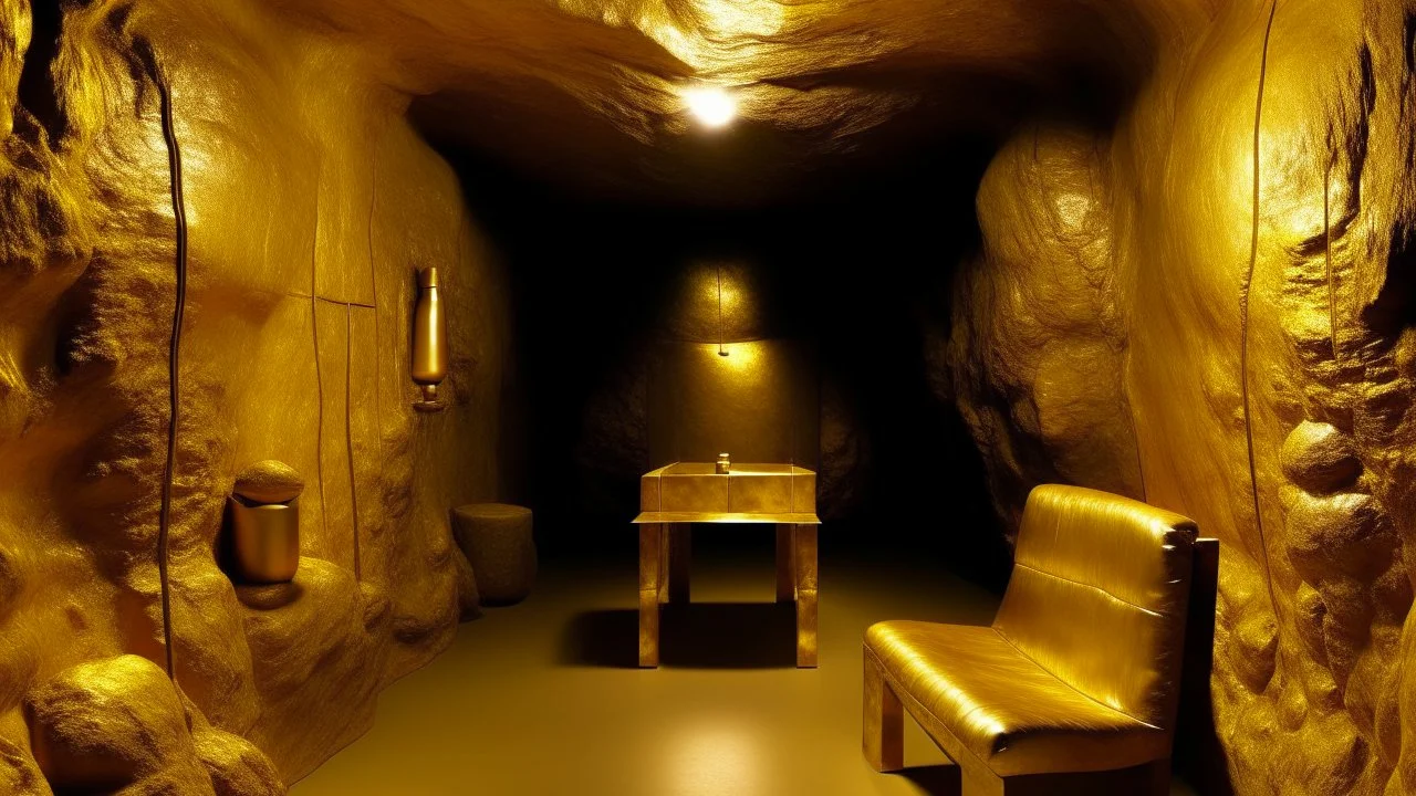 A tan cave filled with gold designed in Bayeux tapestry painted by Mark Rothko