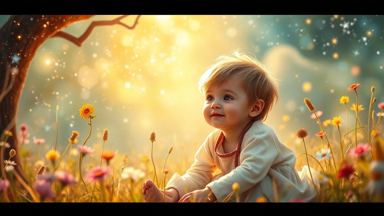 Detailed colour photograph, realistic: "Un petit enfant doux dans son monde enchanté, Parmi les merveilles, il aime se promener. Ses pensées sont vastes, pleins de beauté, Chaque instant est une nouvelle félicité. Dans son univers, tout est merveilleux, Un monde imaginaire, tendre et lumineux. "