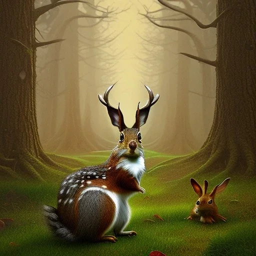 fantasy art, book illustration, "As you ride deeper into the forest, you begin to see signs of wildlife. A deer dashes across the trail ahead of you, and you hear the rustling of leaves as a squirrel scurries up a nearby tree. You also spot a group of rabbits playing in a clearing, and you watch as they chase each other in a blur of brown fur."