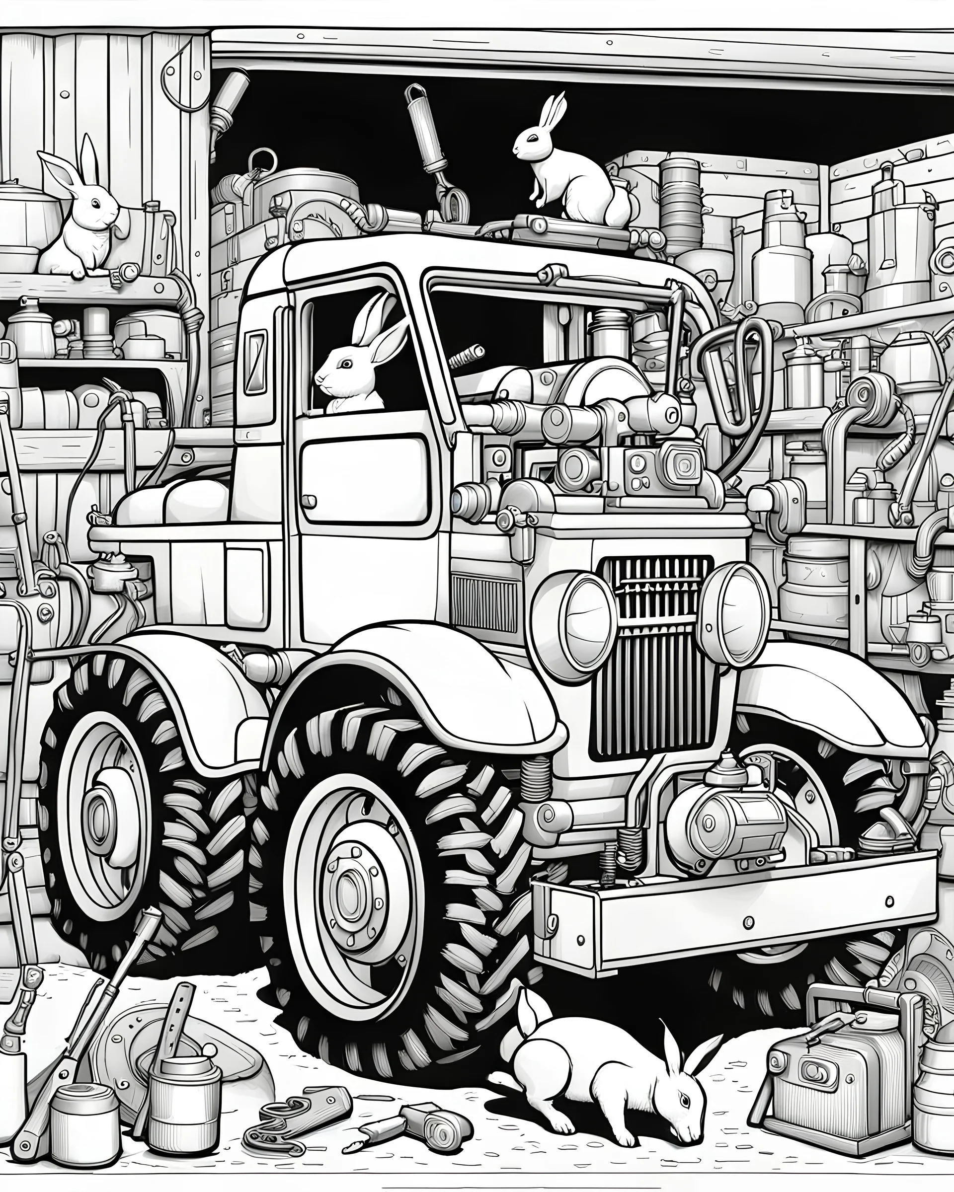 B/W outline art,coloring book page, full white, super detailed illustration for adult,"Mechanical rabbit - In the Workshop Repairing Agricultural Vehicles.", crisp line, line art, high resolution,cartoon style, smooth, low details, no shading, no fill, white background, clean line art,low background details, Sketch style.