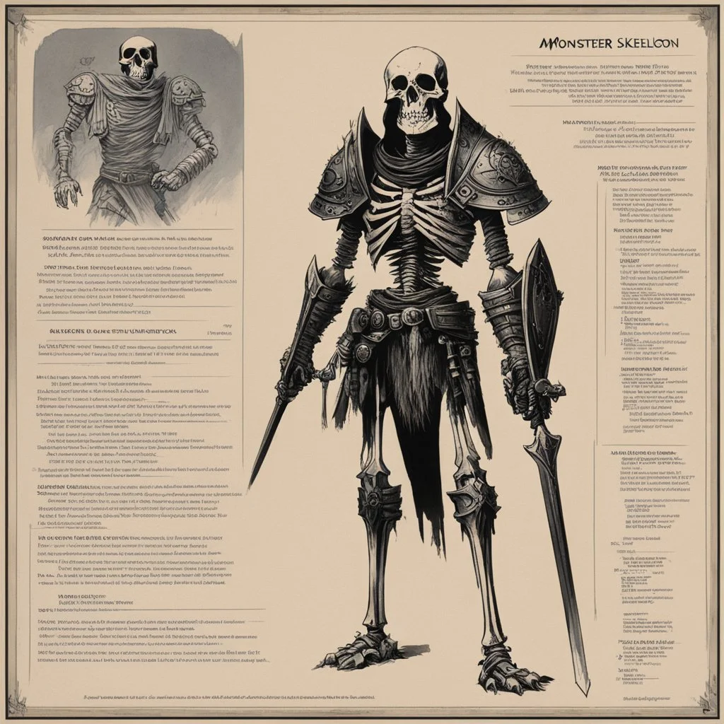 ConceptSheet: AD&D monster skeleton warrior, with statistics [by Jeff Dee]