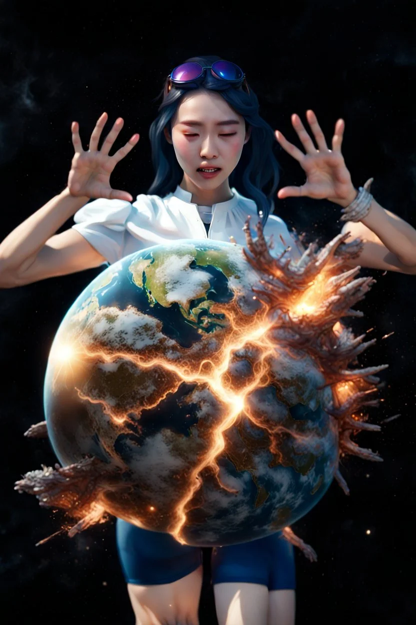An image of a young Korean woman with a eyes closed expression happy, holding her hands up as if she is reacting to a catastrophic event in front of her. Film, cinematic, realistic, extreme depth of field, She is wearing a white blouse with detail, blue shorts, and sunglasses pushed up onto her head. In front of her, there is a highly detailed planet resembling Earth, dramatically cracking and breaking apart with fiery explosions and molten lava visible at the fractures.
