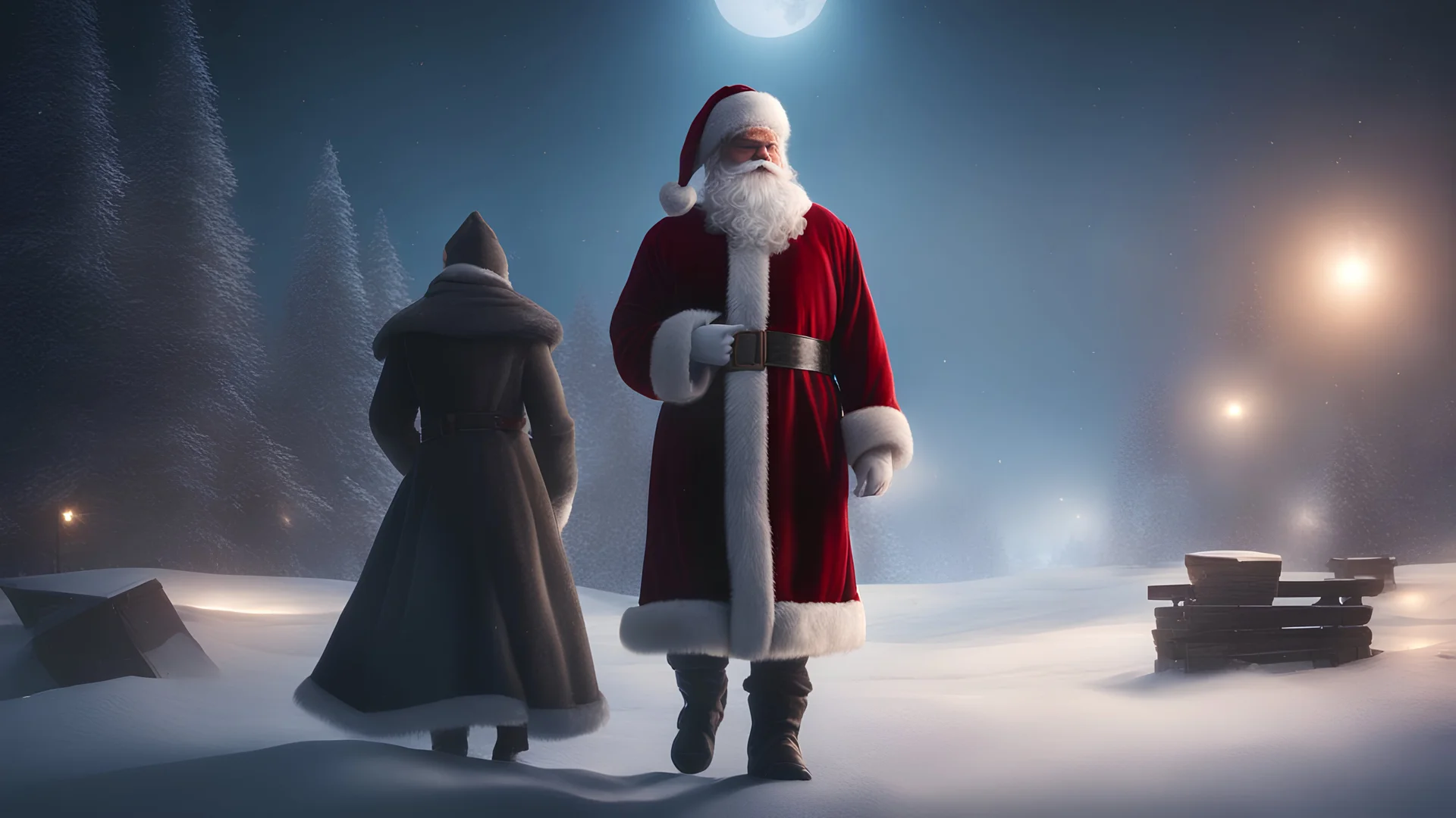 santa claus in North Pole, view at the back, stars,deep dark,midnight ,fog,8k, volumetric lighting, Dramatic scene