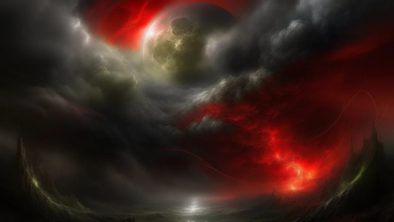 Dark, ominous sky with swirling clouds and a blood red moon, realistic painting style, inspired by the works of Thomas Moran and Frederic Edwin Church, highly detailed with intricate brush strokes and lighting effects.