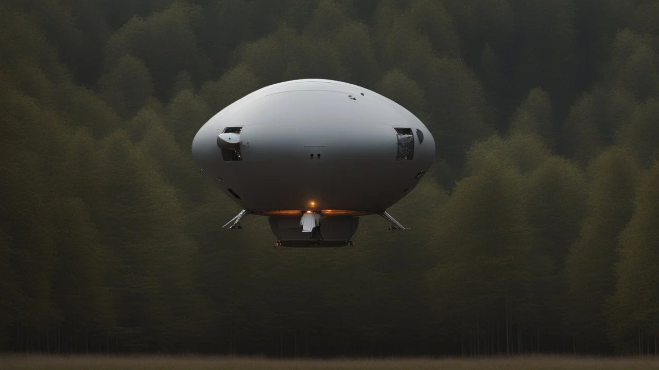 sleek cargo spacecraft landing in a clearing surrounded by trees