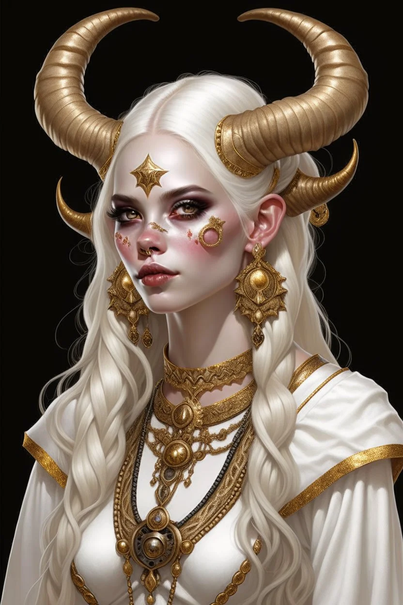 A teenage tiefling woman with a set of ram horns on her head encrusted with jewels, White-Blonde, long hair, dressed in white and gold with lots of jewelry