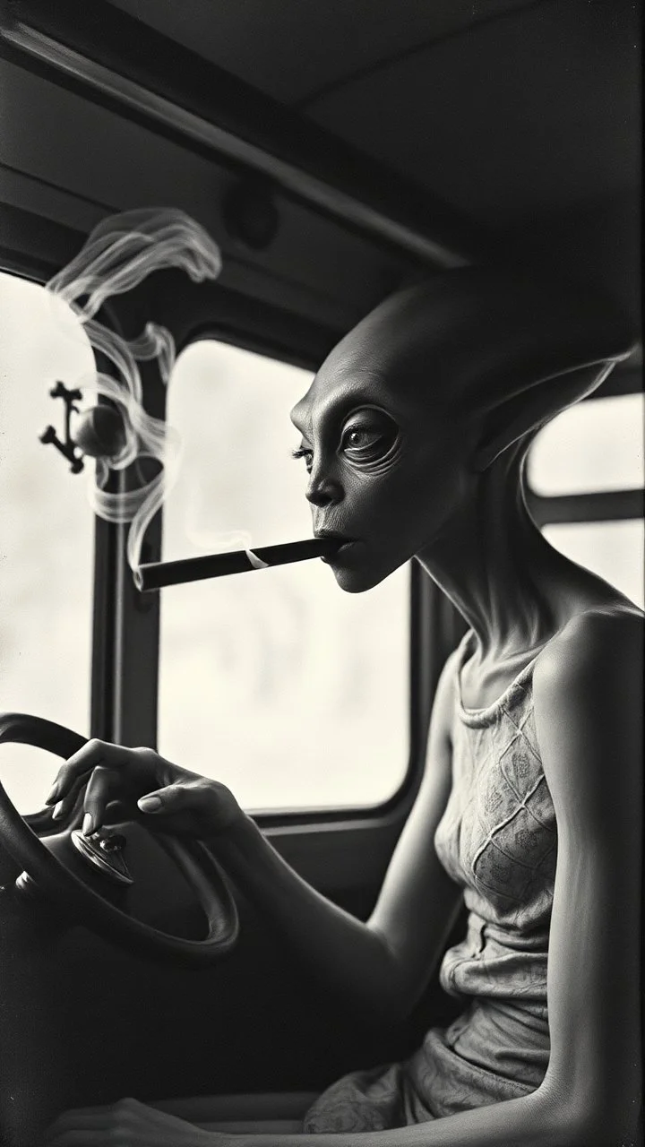 Get An old picture style of black and white mono very bad quality looks very old camera picture of an alien smoking a cigar , like a Nadia bus ,year 1900