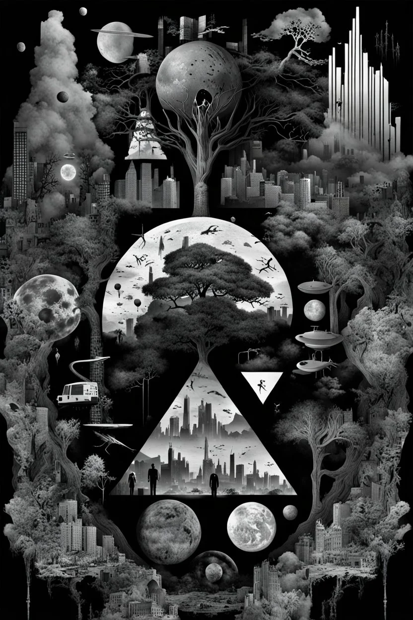 mistake in Matrix world, black and white digital collage of various images and elements, shapes, human siluette such as animals bodies, dark shadows, planets, abstract symbols, fog, plants, tree, maps, weird things, poison, ruins. The collage is composed of distorted , shapes and silver layers, creating a sense of confusion and horror. Deep, dark colors, surreal mood, The images and elements are related to the themes of surrealism, paranoia, thriller, weird illustration, nightmarem mood.