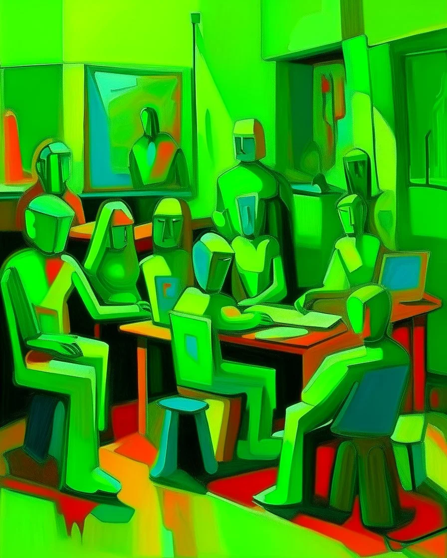 A lime green cybernetic workshop painted by Alexej von Jawlensky