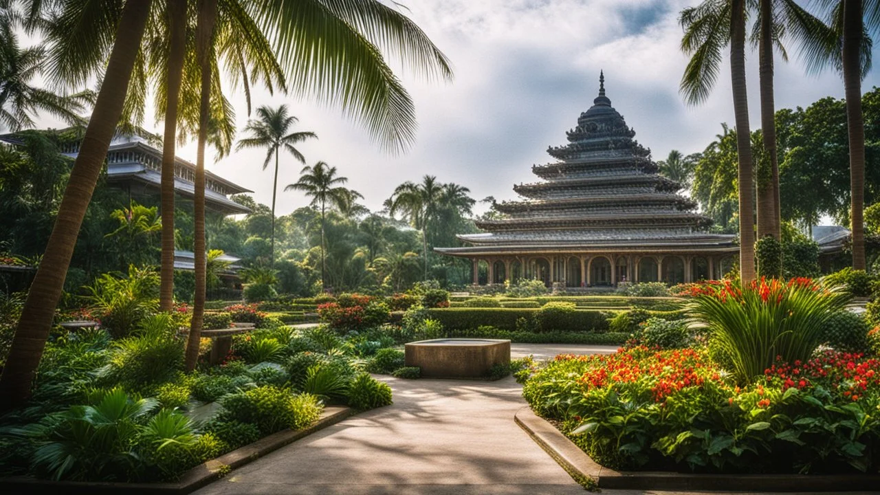 1997. Malaysian cityscape, urban, tropical gardens, palm trees, tropical flowers, Hindu temple, sunlight, calm beauty, splendour, uplifting, inspiring, gentle, rule of thirds, therapeutic, spiritual, chiaroscuro, colour, award-winning colour photograph, Nikon 85mm