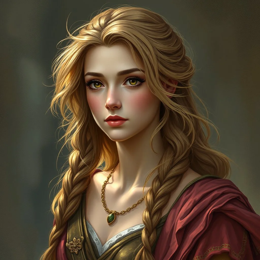 A pretty fantasy girl, hazel hair, Roman, middle-aged