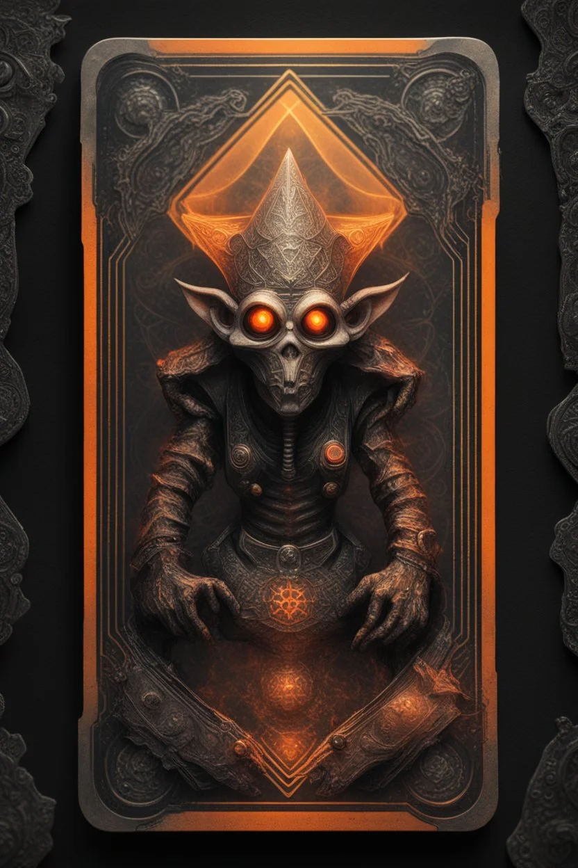 sacred geometry framed playing card, black and orange smoke goblin Leprechaun gremlin with shadows boss card in the style of Giger and fallout 4 ,,bokeh like f/0.8, tilt-shift lens 8k, high detail, smooth render, down-light, unreal engine