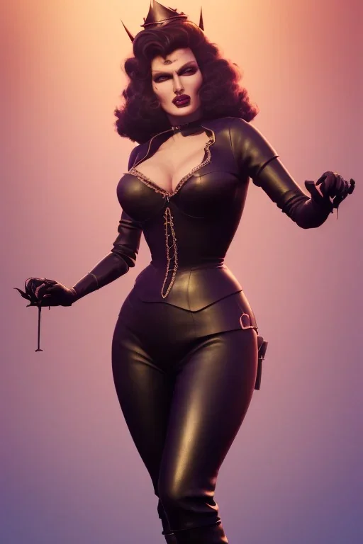 Rita Hayworth as evil queen in black leather, busty, cleavage, curvy, angry, stern look. character design by cory loftis, fenghua zhong, ryohei hase, ismail inceoglu and ruan jia. unreal engine 5, artistic lighting, highly detailed, photorealistic, fantasy