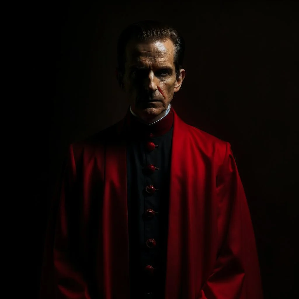 a sinister figure wearing a red suit and a priest's collar with no face and dirty slicked back hair