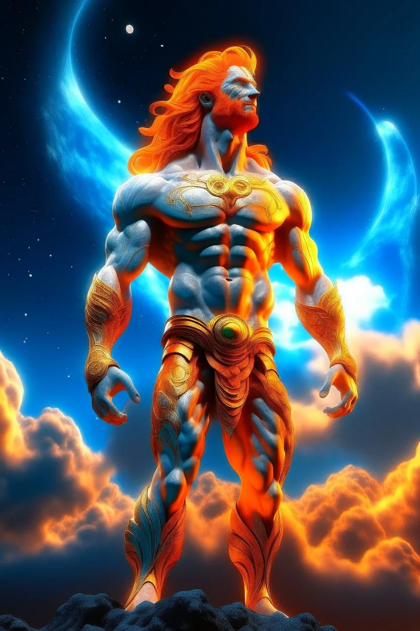 full body picture of a slim muscular god with galaxy's in his eyes, glowing orange hair that looks like it's made of the sun, a light gray body made of clouds with glowing cracks of orange within it in cloud patterns, he wears greek god like clothing that looks as if it's made of ice and water. realistic 4k