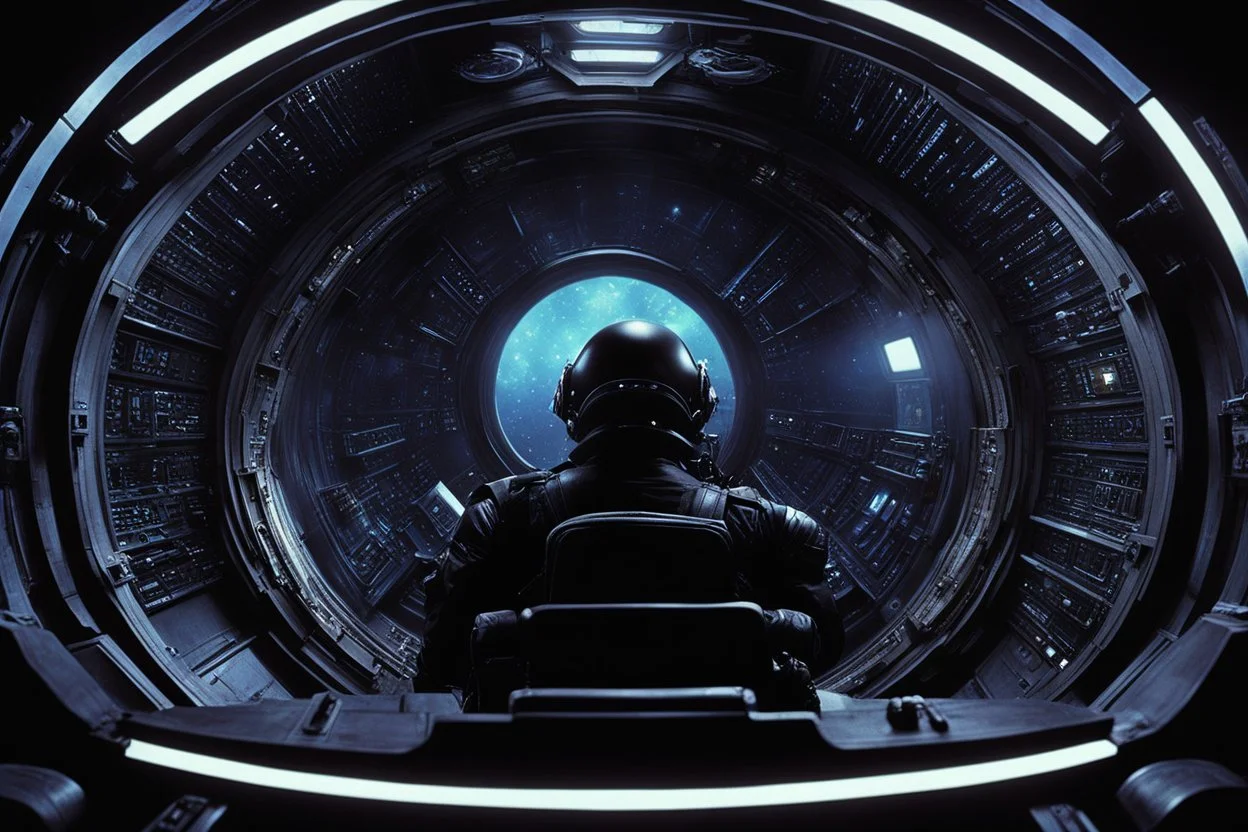 [movie shot by H.R. Giger in Verve colour palette] Cinematic side-profile of a pilot in a futuristic spaceship, slammed into his seat by extreme G-forces. Facial features strain under pressure. A round porthole beside him shows the dark void of space with faint star streaks. Cockpit illuminated by glowing panels and dramatic rim light, high-detail realism.