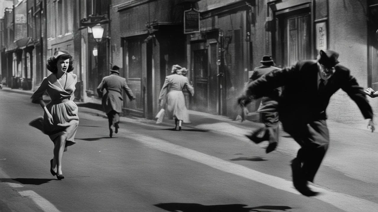 Creatures from 'Fiend without a face' chasing a woman down a street, 1950s noir