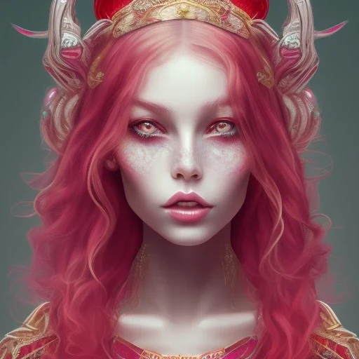 Beauti, Fire witch, round face, pale skin, wild curly pink hair, red eyes, pink and red eyeshadow, pink glossy lips, wearing a pink witch hat, wearing a red crystal necklace