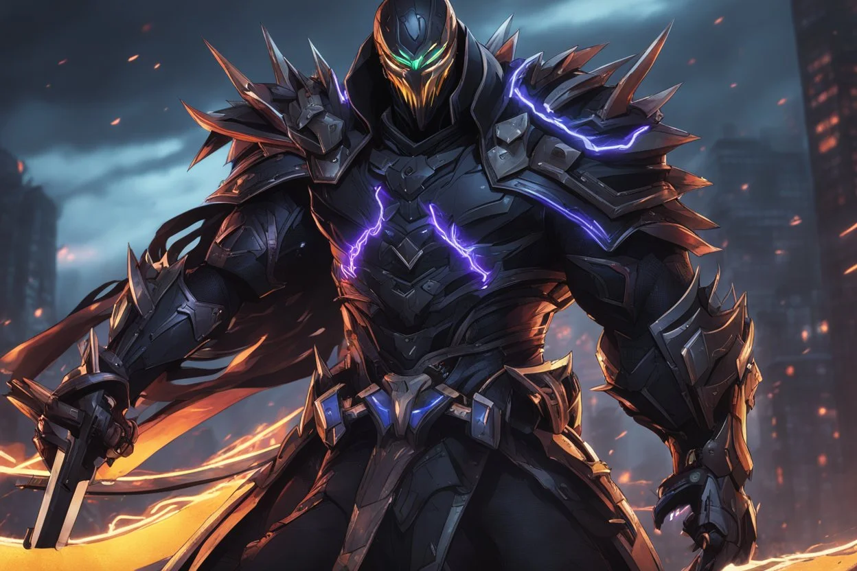 Venom Shredder in 8k solo leveling shadow artstyle, hanzo them, close picture, rain, Shredder helmet, neon lights, intricate details, highly detailed, high details, detailed portrait, masterpiece,ultra detailed, ultra quality