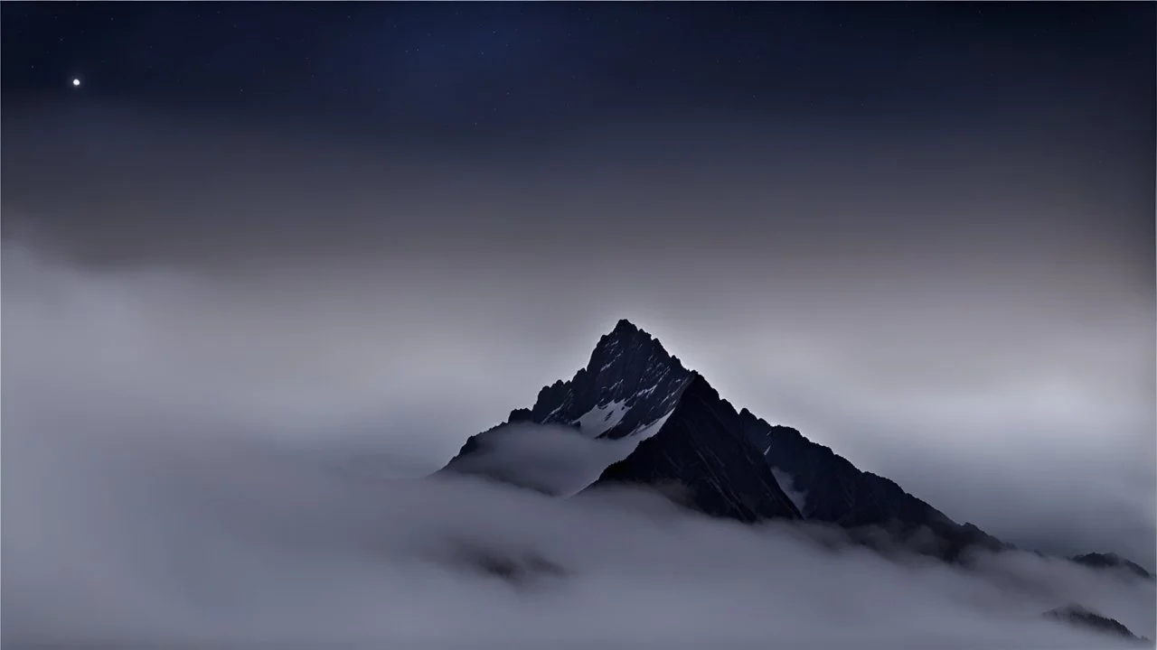 misty foreground and night sky background, no sun, single sharp narrow mountain peak coming through the mist in the center