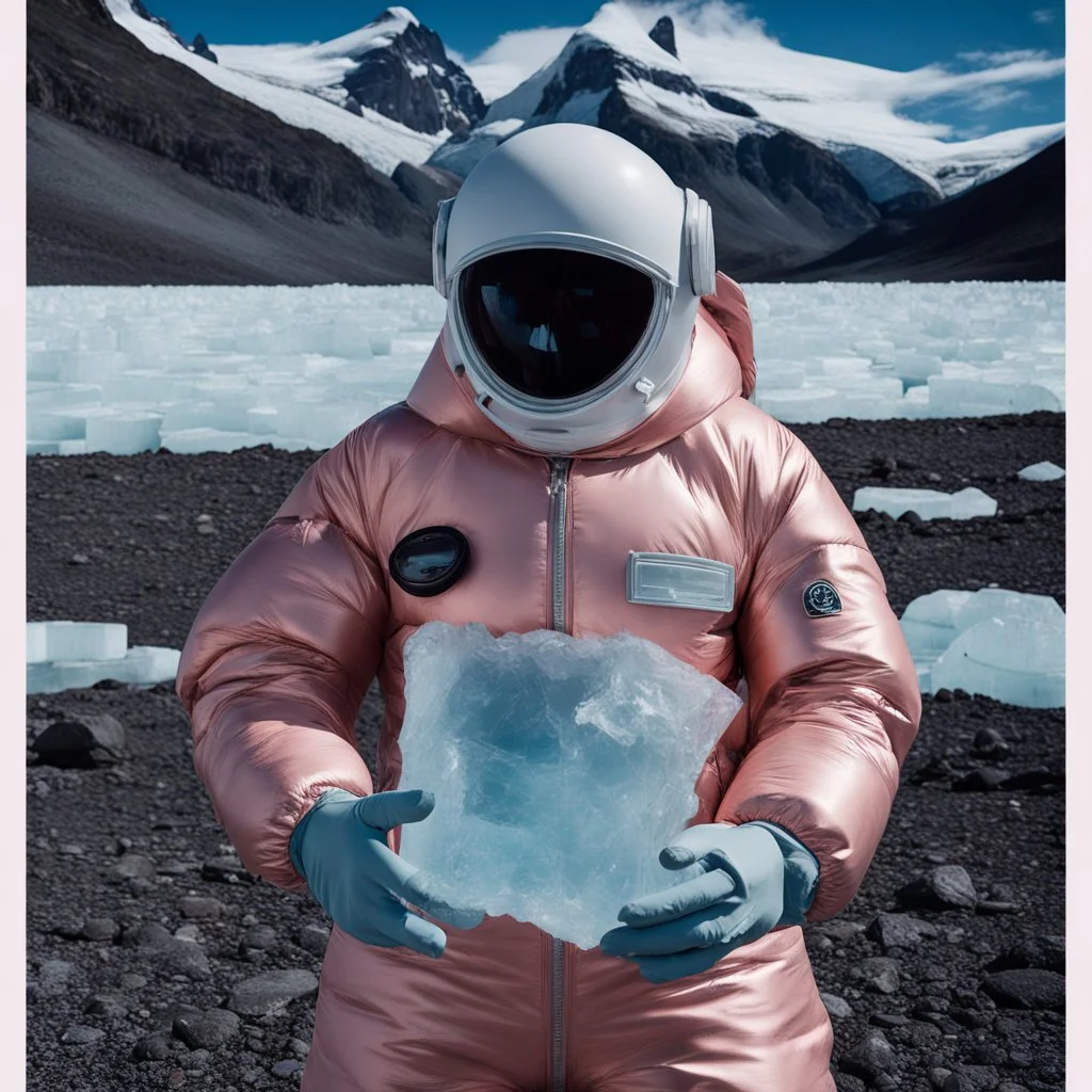 no face with mask,minimal ,Fashion film in the icefields of Patagonia, a stunning supermodel in an incomplete Astronaut pink bronze suit discover the icefields and giant iceblocks and icebergs using stunning poses we can see her face through the glass . Supreme landscape, inticate background and a minimalist composition that creates a great megalophobia effect. Old lens, old Kodak vision filmstock, 1600 iso.