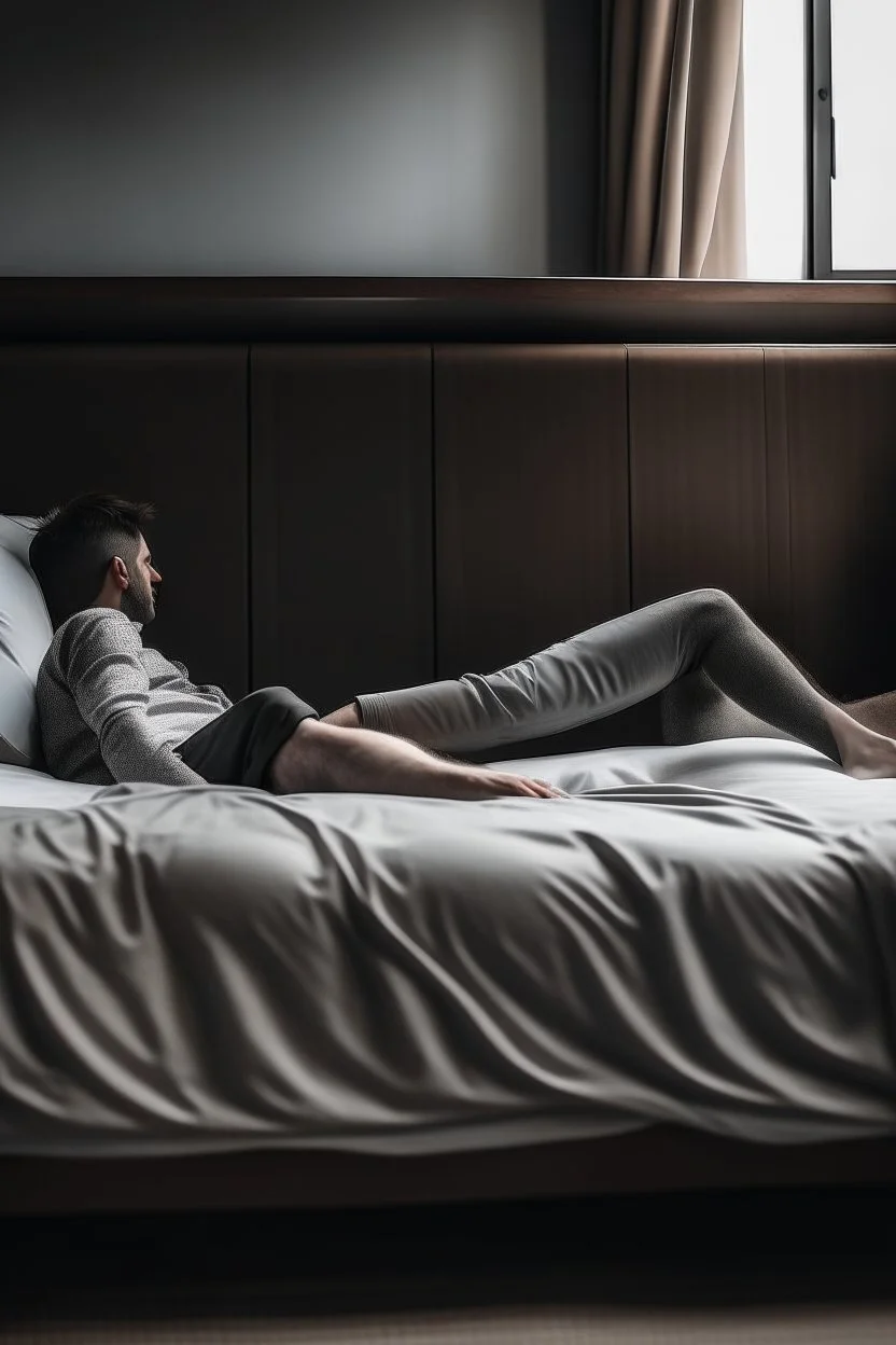 sitting on the side of the bed with someone laying down beside them