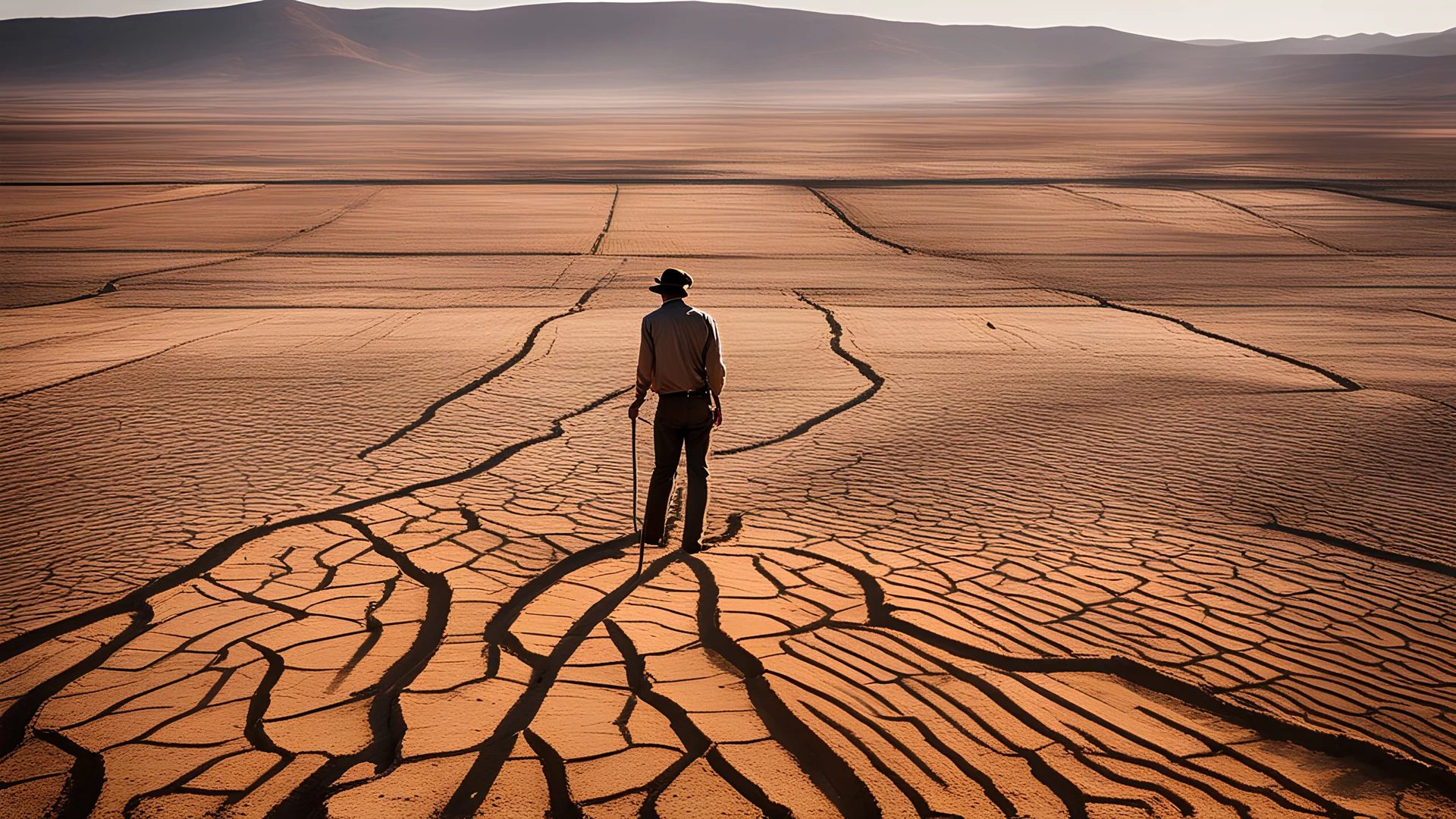 Climate change. An expansive farmland turned barren desert, with deep cracks running through the dry, dusty soil. Crops lie dead and withered, and abandoned farming equipment rusts in the harsh sun. A lone farmer stands in despair, looking at the parched earth. Beautiful award-winning photograph, inspiring, rule of thirds, balanced delightful composition, perfect lighting, superb detail, 16k render