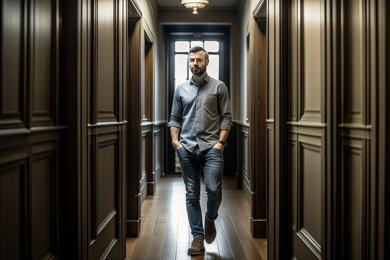 man in jeans and a shirt standing in a corridor of doors