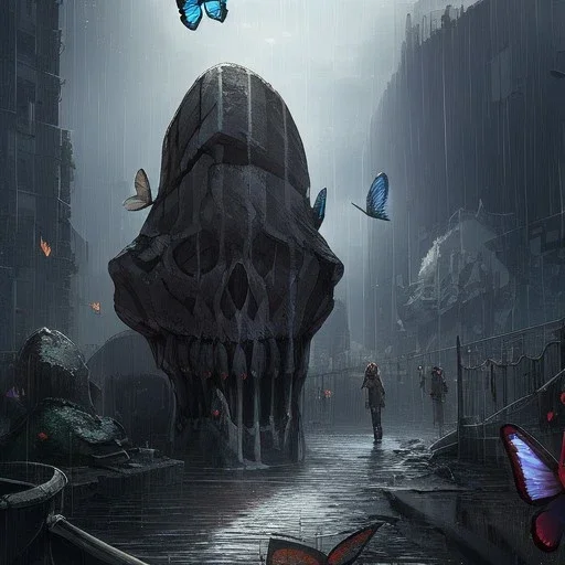 Skulls Queen, raining, Butterfly, raiven, destroyed Market,