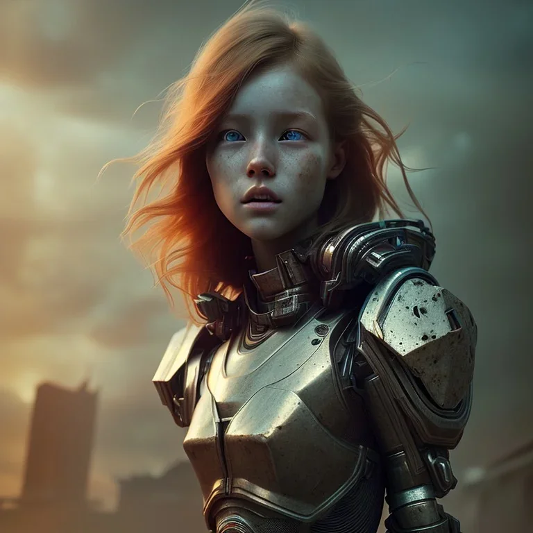 ultrarealistic, ruined city,__sci-fi armor__, __angles__, 18 year old woman, strikingly beautiful, ginger hair, _colour_, unreal 5, octane render, cinema4d, dynamic lighting, dramatic lighting, 4k, redshift render, highly detailed,