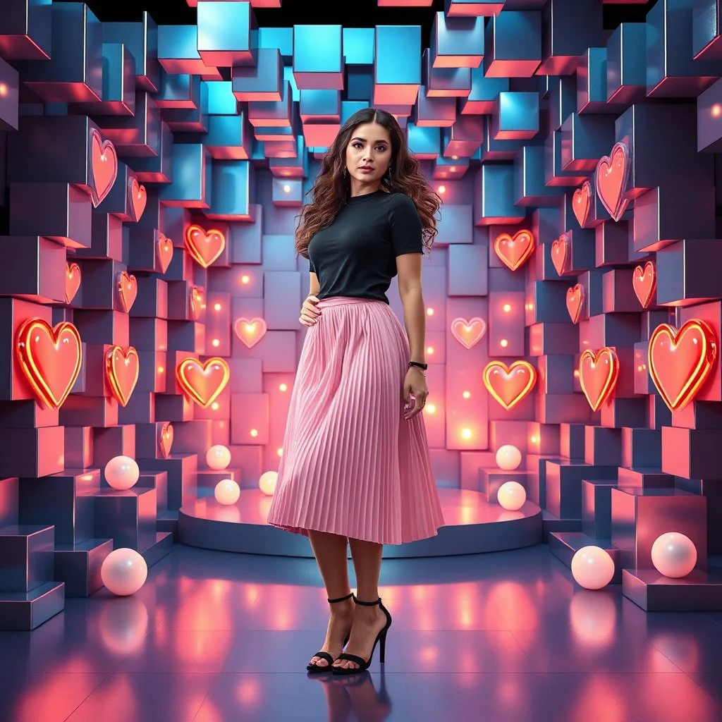 make a picture pretty stage made of metallic blue-gray teme 3d recursive cubic and sphere and heart simbol lights s base structures and a beautiful fashion model lady standing with cute in scene with sexy top and pretty pleated midi skirt ,makeup curvy long hair,dynamic camera zoom to full body and pan, dynamic lights.