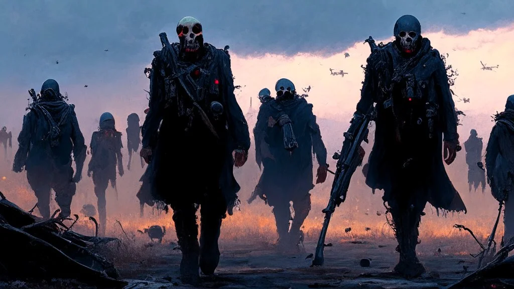 {{{Bio-engineered undead cyborg army marching}}} machine soldiers, hazmats, tactical wear, gas creepy landscape, techno gothic visual composition, science fiction painting, Denis Sarazhin, Alex Colville, Simon Stålenhag, Neil Blomkamp, Frank bowling, Christopher Shy, Alejandro Burdisio, RAW, gritty, high contrast, atmospheric horror art, gripping and suspenseful, vivid, neon overlay, narrative art, textured, dramatic, surreal horror, gestural, retro futuristic nightmarish art, apocalyptic art