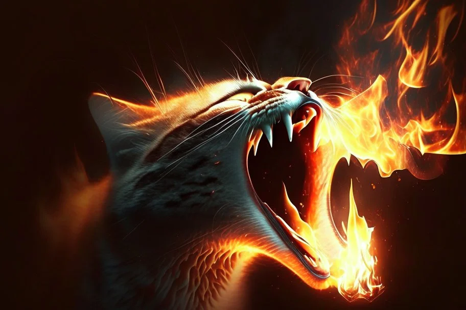 burning cat mouth in flamelight