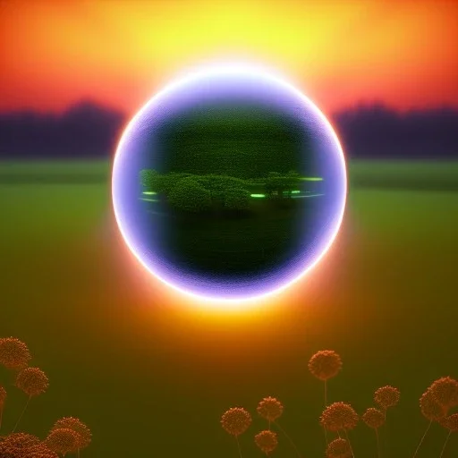 blue sphere on the left, green meadow, sunset, photorealistic, 8k