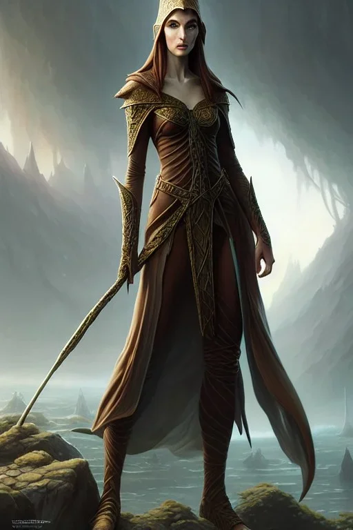 painting of a tall elven young woman with short light brune hair and freckles on the cheak bones and tall body of a topmodel light clothes, long shot, ultra realistic, concept art, intricate details, eerie, highly detailed, photorealistic, octane render, 8 k, unreal engine. art by artgerm and greg rutkowski and charlie bowater and magali villeneuve and alphonse mucha