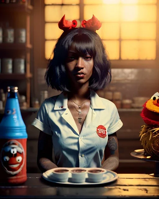 hybrid character, waitress sexy woman with monster muppet mask that covers her entire head, Sesame Street style, retro style, short shirt, tray, beer, old school tattoo, hot, smooth, unreal engine 5, god lights, ray tracing, RTX, lumen lighting, ultra detail, volumetric lighting, 3d.