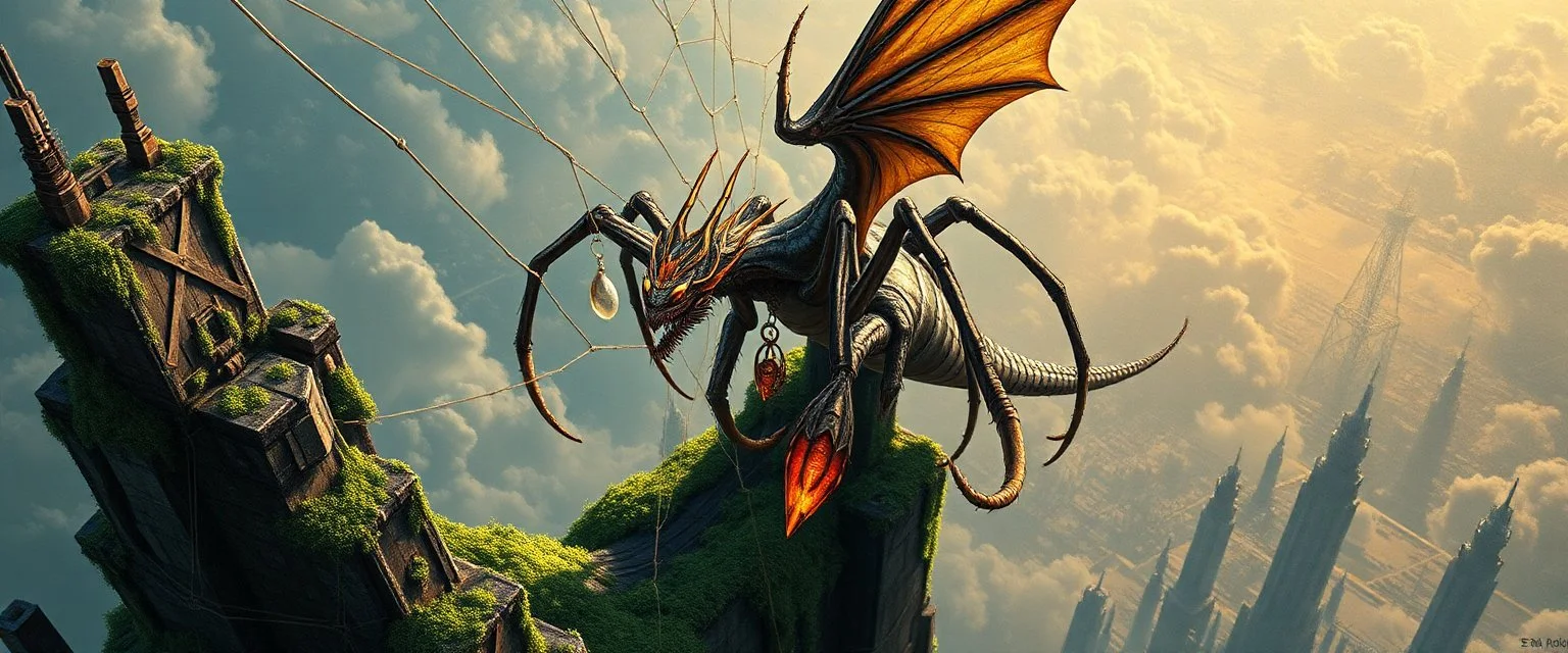 cyberpunk dragon spider man with charm in web from mossy tower, master oil painting by Rembrandt and Escher, moss covered space station, brightened edges to give a sense of depth