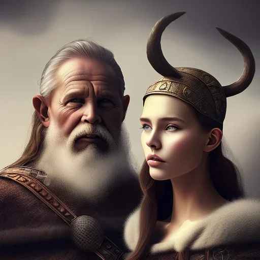 Viking theme, a younger woman sitting next to a 50-year-old man, portrait, 8K, close-up face, anatomically perfect face, Highly detailed stunning full frame portrait, misty and cloudy atmosphere