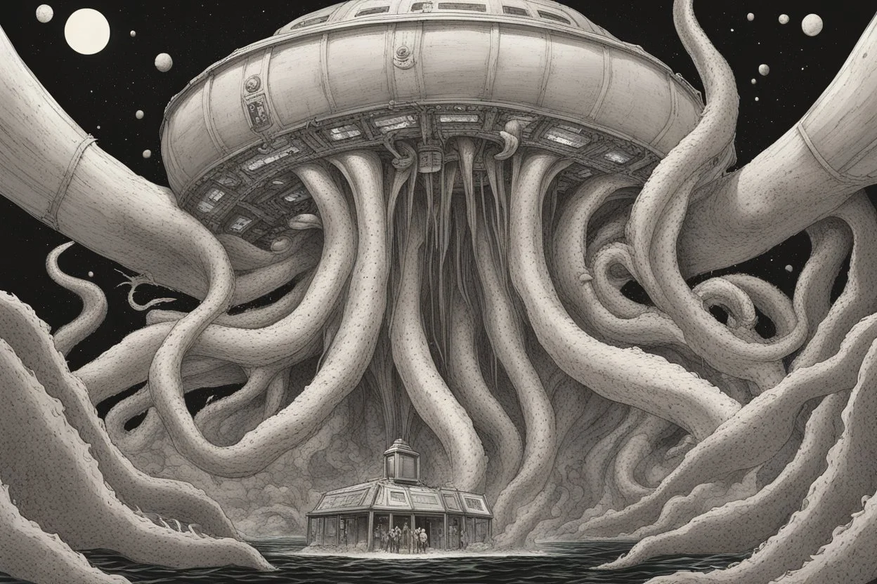 View from a spaceship into a natural event horizon in space with many enormous strange tentacled creatures, with huge mouths, flying around in the black