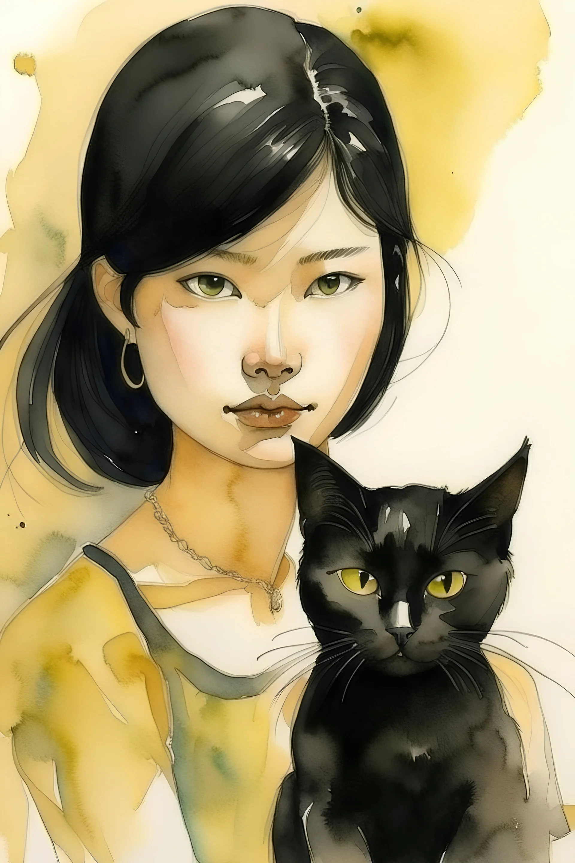 water colour painting of a beautiful half asian half white woman, from the waist up, holding a black cat black cat with short hair and yellow eyes