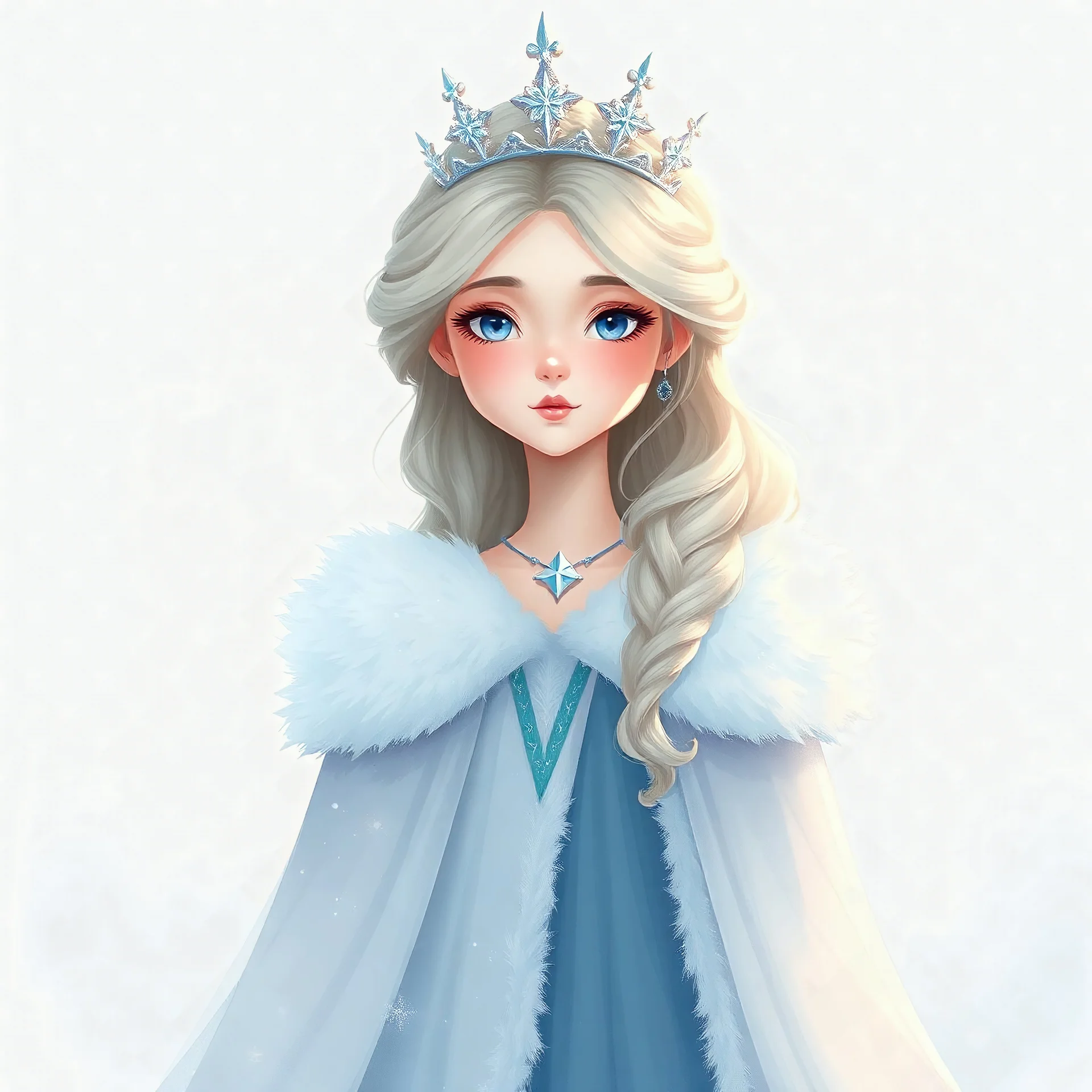 "Ilustración digital de La Reina de las Nieves en estilo artístico suave y soñador, inspirada en cuentos clásicos. Personaje centrado, sin fondo, con fondo transparente, colores pastel y luz cálida. Detalles tiernos, estilo de pintura digital delicada, alta resolución, sin elementos adicionales alrededor del personaje."