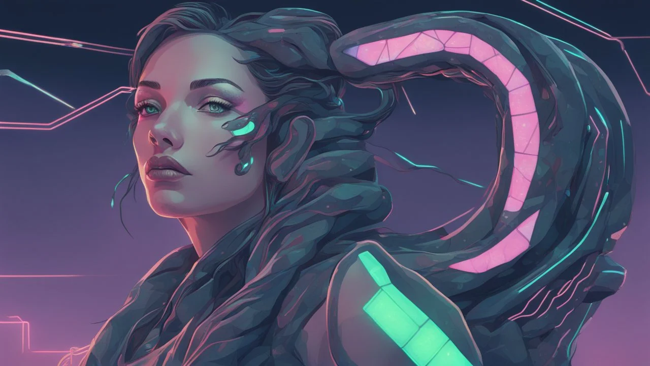 A futuristic cyberpunk illustration of a sleek, female polygonal snake with iridescent scales, glowing neon eyes, and digital circuit patterns running along her body, set in a dark, dystopian cityscape.