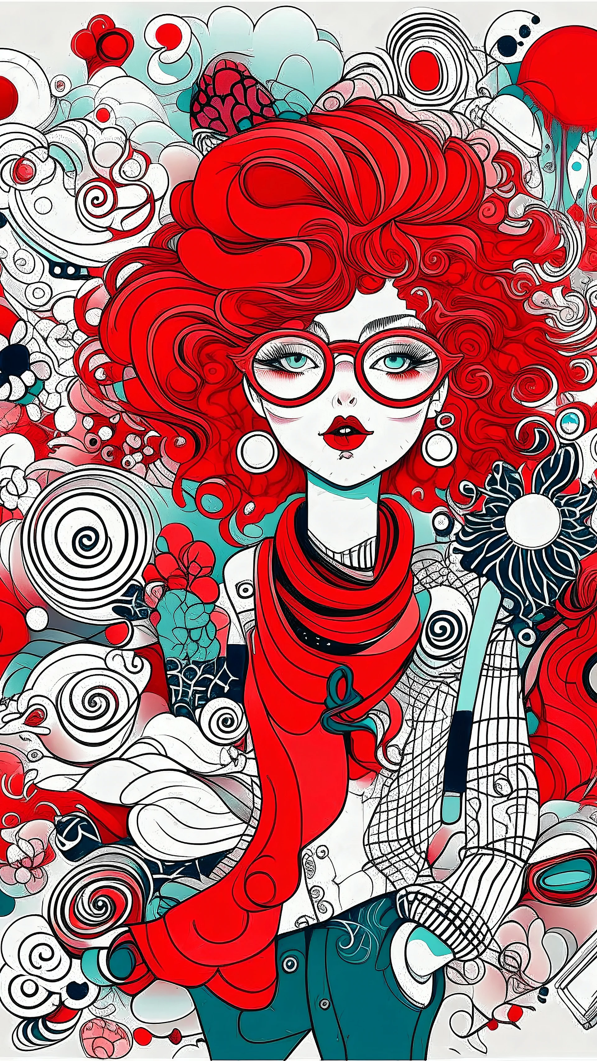 "Artistic and fashionable doodle art illustration, filled with abstract characters, surreal faces, funky patterns, and fractal curly red-haired woman elements, stylish, wearing red glasses, boots, Korean style clothes, and accessories. The doodles are dense yet well-composed, using a bright and bold color palette. The background is a pale white paper texture, which gives the impression of a hand-drawn sketch. A perfect blend of modern street fashion and imaginative doodle creativity, high resolu