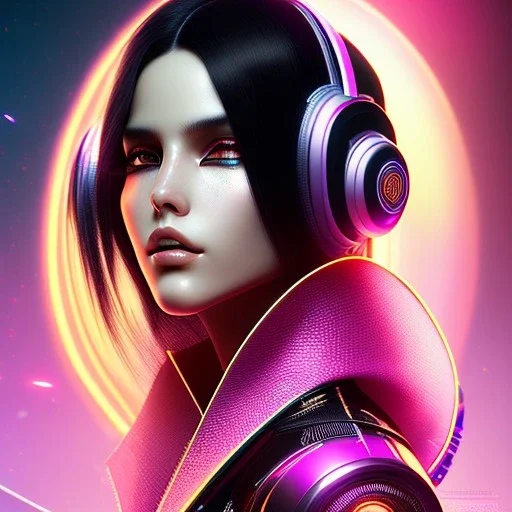 Rosalía, Cyborg anime warrior, cyberpunk, light black hair, pixie hairstyle, cobalt eyes, waist up portrait, 8k resolution, retroanime, intricate details, neon details, soft lighting, vibrant colors, masterpiece, intricate eyeliner, dark eyeshadow, eyes, intricate tattoos, gradient background