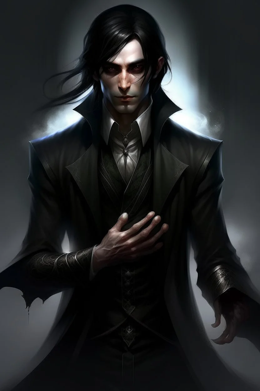 the dark butler, young elf with dark hair, dark clothes, shadow magic