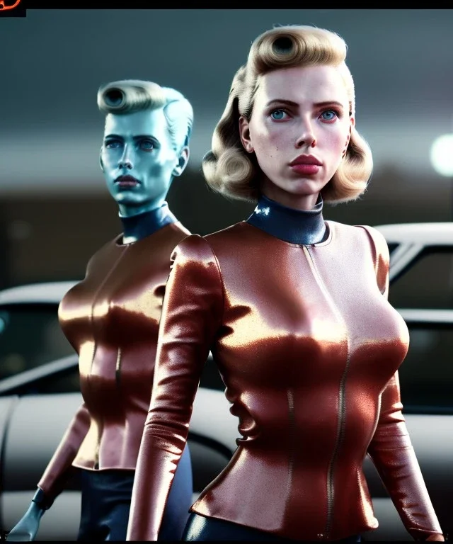 Ultra Realistic retro sci-fi movie Supermarket parking people scene, 1960 year, waist up view portrait, 2 clones blonde women, sweet scarlet Johansson face, perfect iris, glow eyes, face makeup, tight latex coat. many people looking, Retro sci-fi style, soft color, highly detailed, unreal engine 5, ray tracing, RTX, lumen lighting, ultra detail, volumetric lighting, 3d, finely drawn, high definition, high resolution.