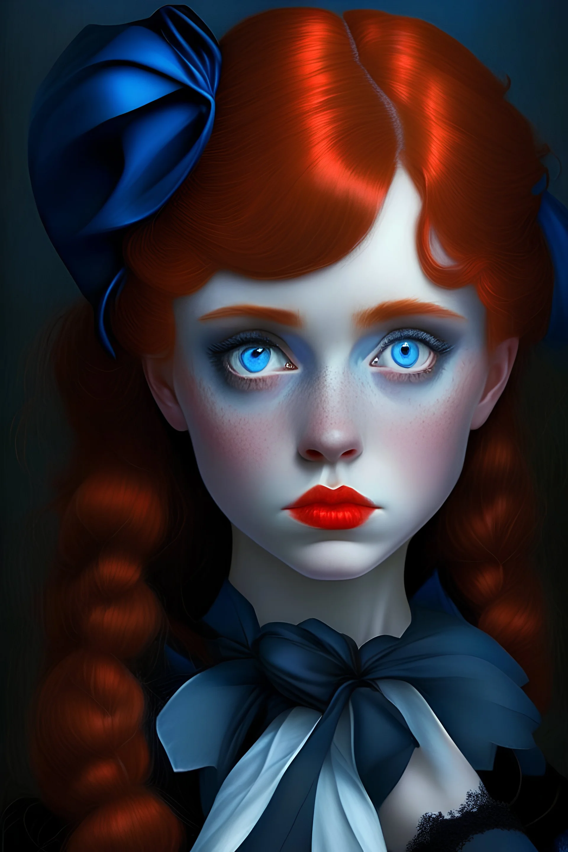 Girl, princess, red hair, blue eyes, snub nose. Black gloves, has a bow