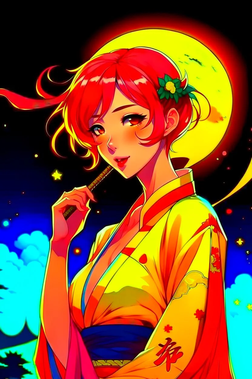 (Asian), short hair, fiery red hair hair, normal hands yukata, yellow clothes, 8k, best quality, winking, very dark night time, lighting from moon yellow moon, perfect, masterpiece, anime style, cartoon style,