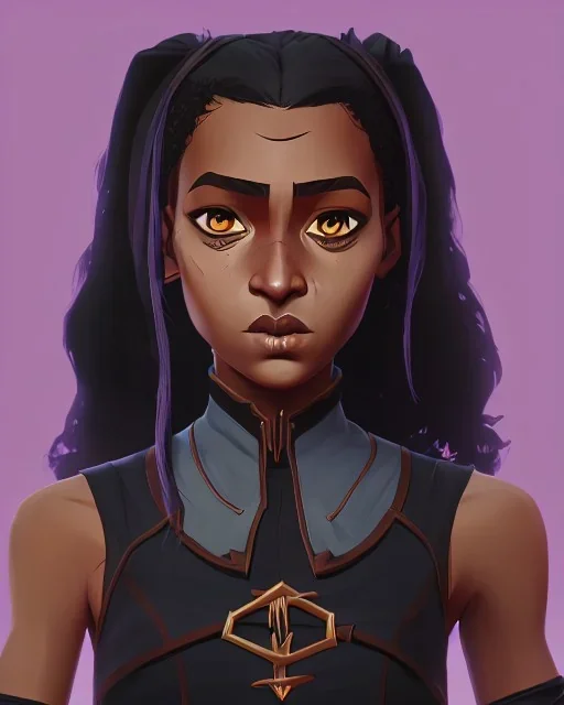 Portrait of a pretty black 10 year old girl warlock with black curly hair