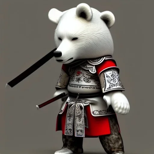 Un ours blanc, anthropomorphique, habillé comme un samurai, portant un katana très detaillé, réaliste, très détaillé, représentation 3d, un maximum de détail